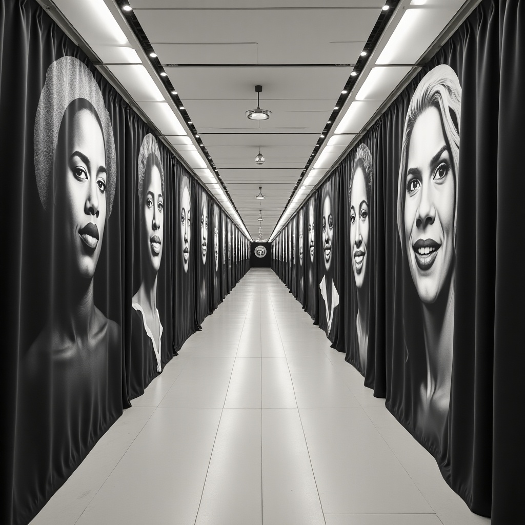 This image depicts a corridor lined with draped walls, featuring large black and white portraits of African American individuals. The subjects are prominently displayed in a straight line, each portrait measuring around 8 feet tall. The use of monochrome colors adds a dramatic effect to the corridor, creating a visual pathway that guides the viewer's eye. Soft, even lighting enhances the impact of the portraits, making them the focal point of the scene. This installation can symbolize cultural representation and appreciation for diversity in public spaces.