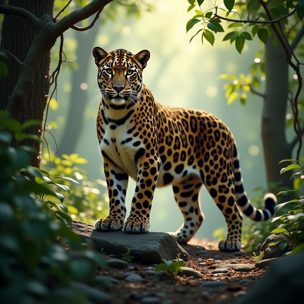 A leopard stands on a rock in a lush forest. Sunlight filters through the trees highlighting its striking fur patterns. The animal looks directly at the viewer. The environment is rich with greenery and dappled light.