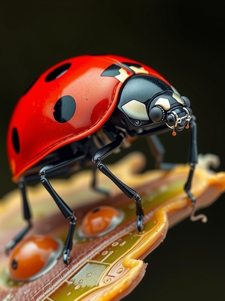 The image depicts a highly detailed, futuristic version of a ladybug, with features resembling a mechanical or robotic design. It is perched on a leaf that resembles a circuit board, emphasizing the blend of nature and technology. The intricate detailing on both the ladybug and the leaf offers a fascinating visual contrast and evokes a sense of innovation and curiosity.