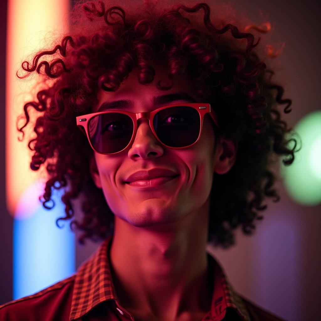 A person with curly hair stands confidently, wearing stylish sunglasses. The background is filled with colorful lights creating a modern and lively atmosphere. The model's expression is charming and captivating, inviting the viewer's attention. The playful curls frame their face beautifully, enhancing their youthful vibe. This portrait embodies a blend of fashion and personality, making it perfect for editorial use.