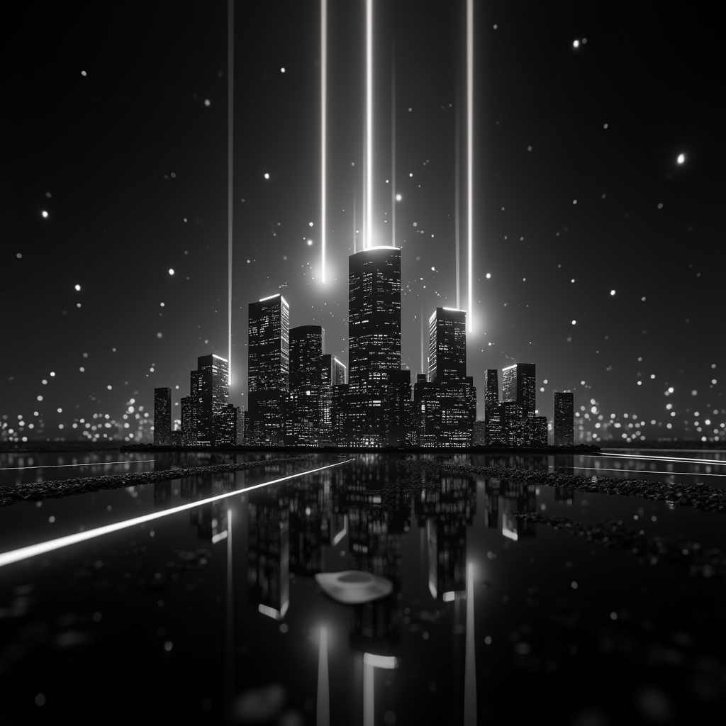 A futuristic cityscape at night with bright beams of light extending into the sky.