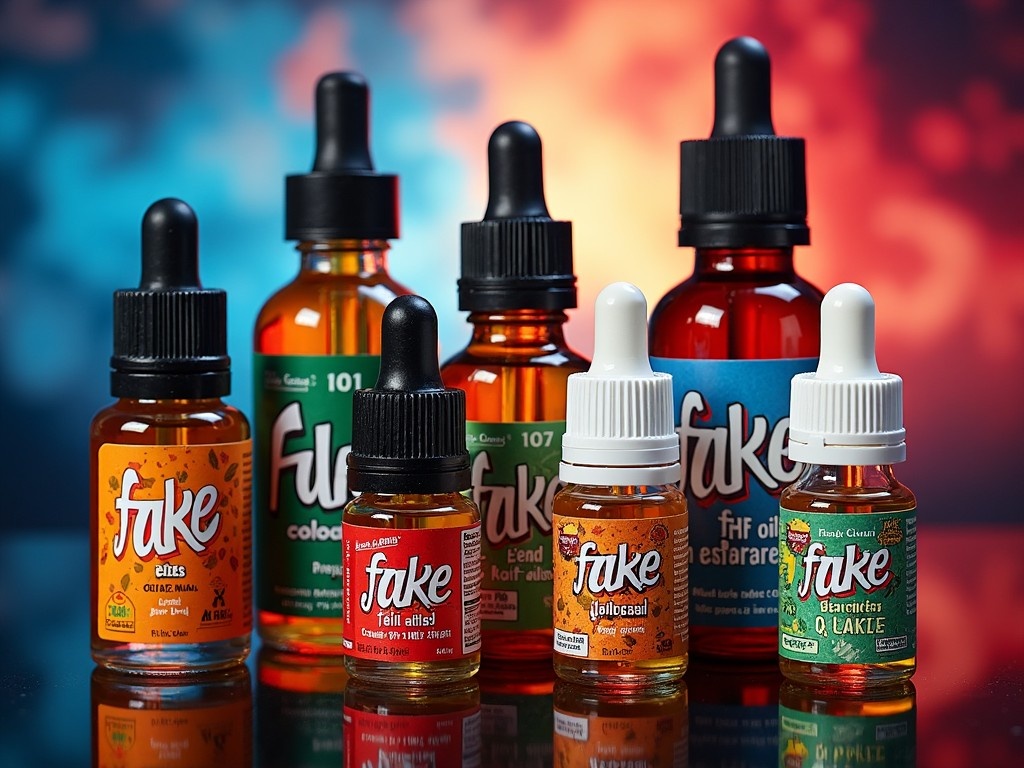 The image showcases a stunning arrangement of e-cigarette oil bottles prominently labeled 'fake'. Various colors and sizes of bottles can be seen, creating an eye-catching display. The background features a vibrant gradient, enhancing the appeal of the products. This visually striking setup emphasizes both the decorative aspect and the modern vaping culture. The labels include text in multiple languages such as English, French, and Arabic, hinting at a global market for these products.