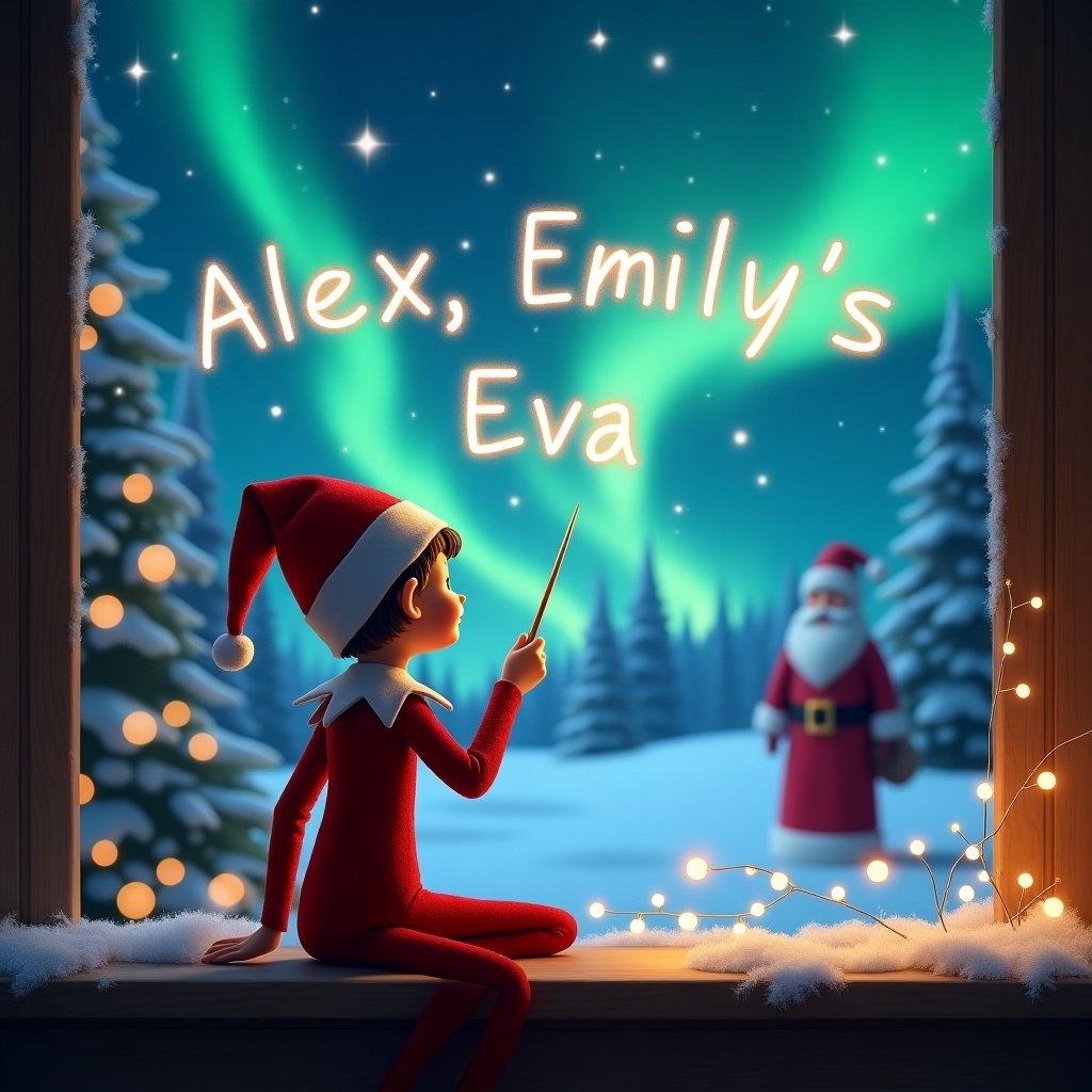 A cozy Christmas scene features an elf on the shelf sitting with his back towards the viewer. He is joyfully using a wand to inscribe the names 'Alex, Emily, Eva' in the night sky. The background boasts a breathtaking display of northern lights, illuminating the snowy landscape. In the distance, Santa Claus is visible, adding to the magical atmosphere. Twinkling lights frame the window, enhancing the festive spirit of the moment. This enchanting image captures the essence of Christmas imagination.