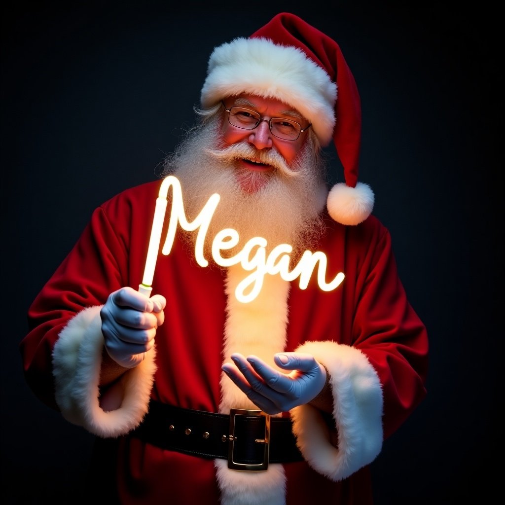 Santa Claus in traditional red and white suit holding a glow stick. The glow stick forms the name 'Megan' in bright light. Santa looks jolly, exuding warmth and cheer. Dark background enhances glow of text. Represents Christmas magic.