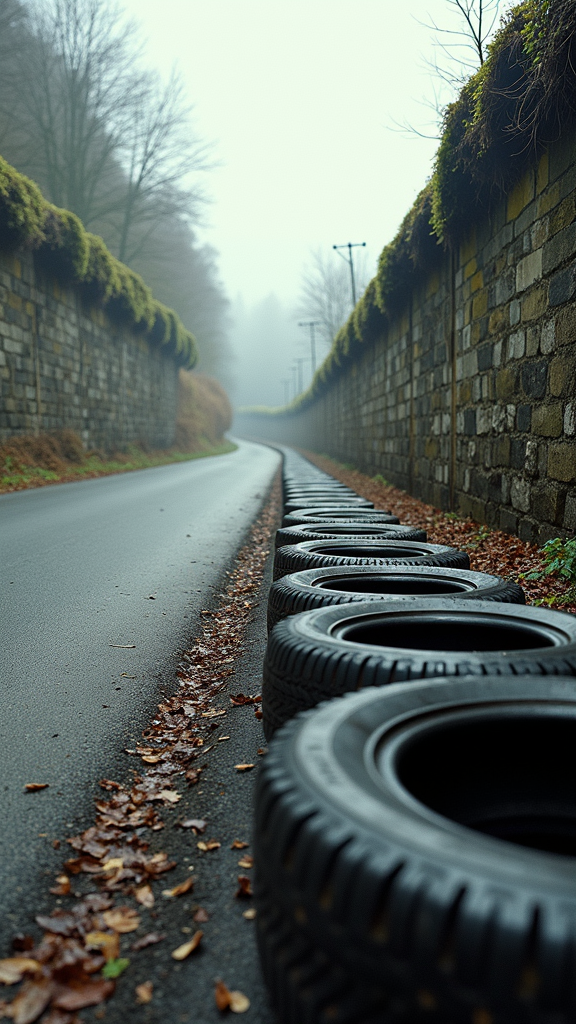 A misty road flanked by a stone wall and lined with a row of black tires amidst fallen autumn leaves.