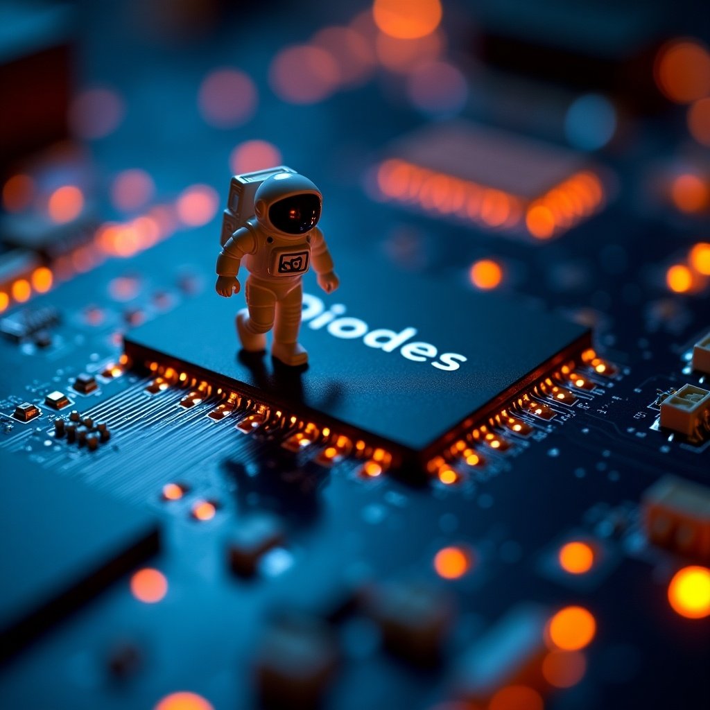 A mini astronaut walks on a bright circuit board with 'Diodes' name. Figure explores intricate paths illuminated by orange and blue lights. Image reflects technology and exploration themes.