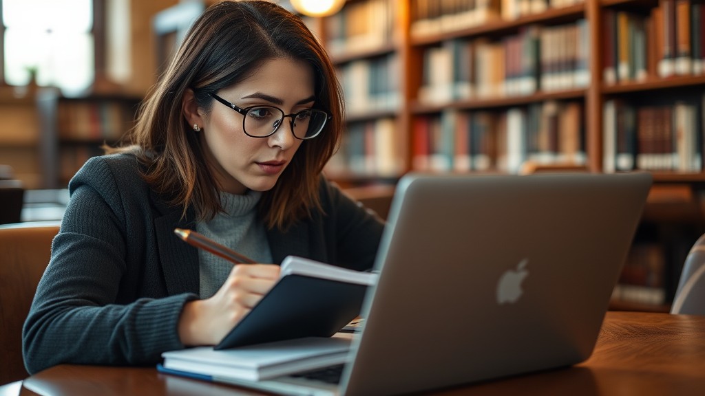 A young woman studies intently using a laptop and taking notes in a library.