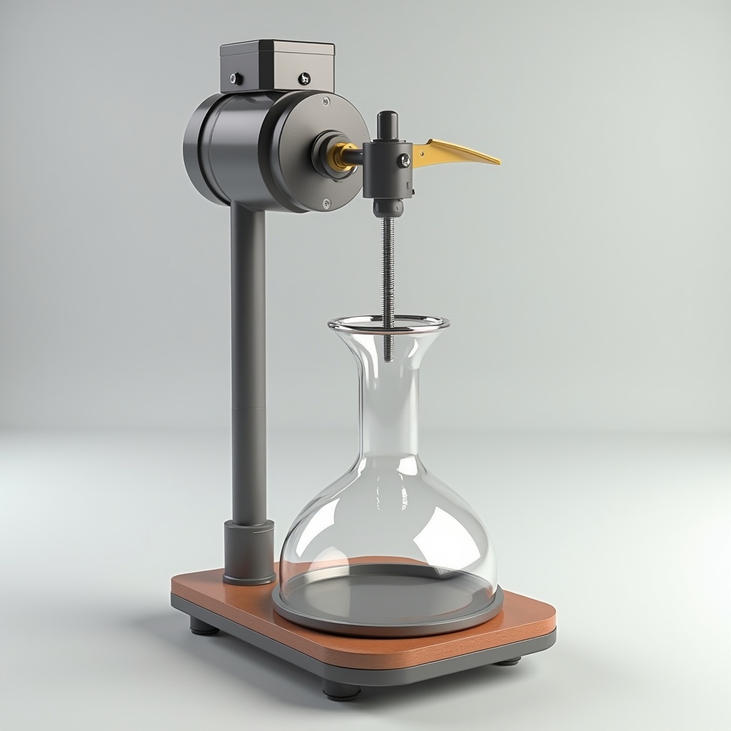 Design showcases a mechanical apparatus. Features a stand with a screw mechanism. Contains a motor attached to a paddle. A wooden base supports a glass vessel with a cap. The lower part displays numerical readings.