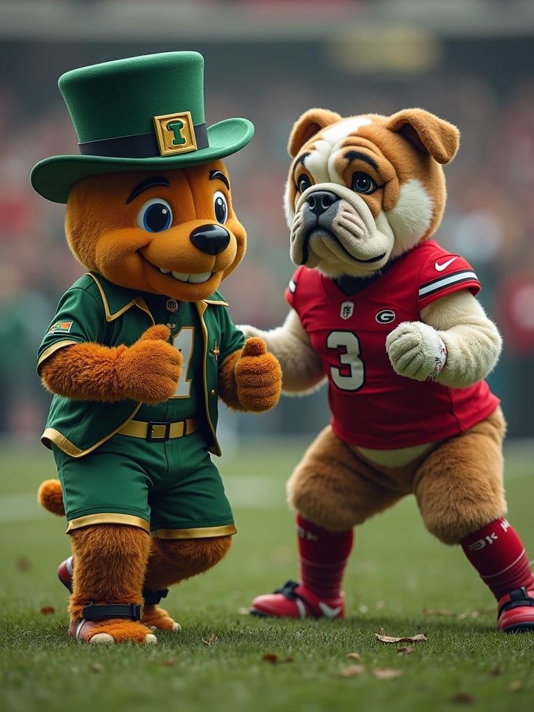 Notre Dame Fighting Irish Mascot with fists raised. Georgia Bulldogs mascot standing opposite. Both mascots appear animated and cheerful. Setting is a college football stadium. Fans in the background create a lively atmosphere.