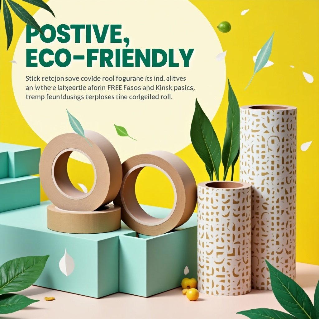 Graphic showcasing eco-friendly packaging trends. Includes kraft tape eco cell wrap and corrugated rolls. Emphasizes sustainability and modern design.