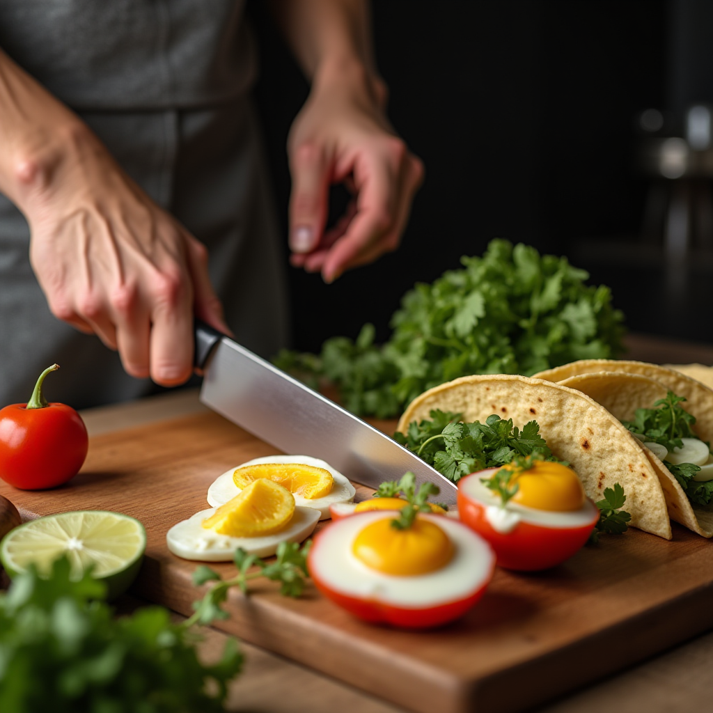 A person slices eggs and garnishes tacos with fresh ingredients.