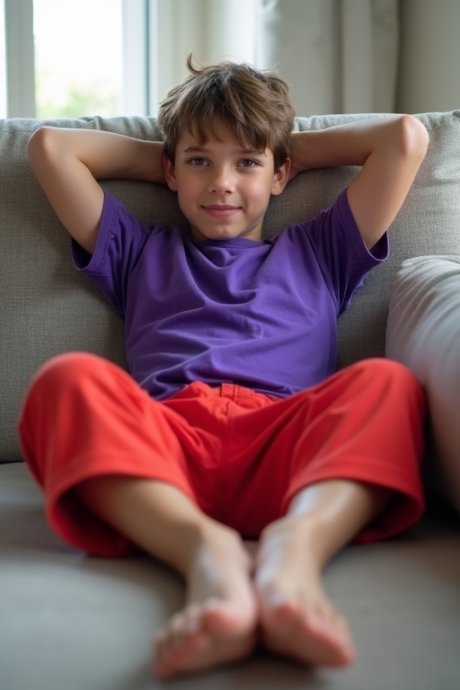 A confident 12-year-old boy dressed in vibrant red shorts and a bright purple shirt sits comfortably in a well-lit room. Hands are behind his head and bare feet are displayed with wet soles facing the camera. He creates a strong connection with the viewer with a direct gaze, inviting them into his peaceful world.