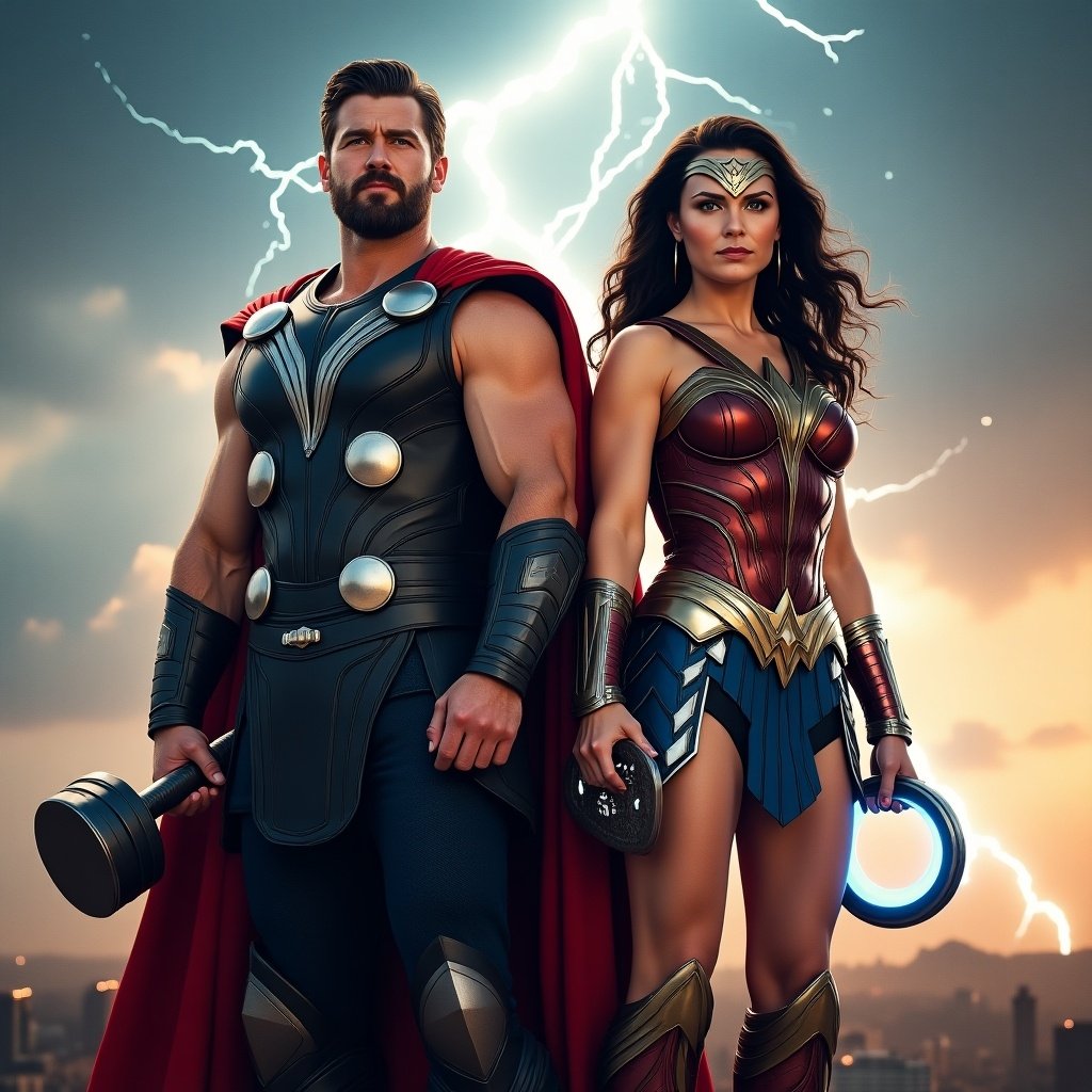 Two superheroes standing in a dynamic pose. One wears a red and gold costume, holds a hammer. The other wears a blue and red outfit, holds a lasso. Dramatic mood with lightning in the background.