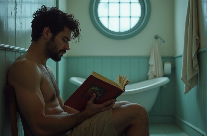 A man intently reading a book in a serene, softly lit bathroom setting.