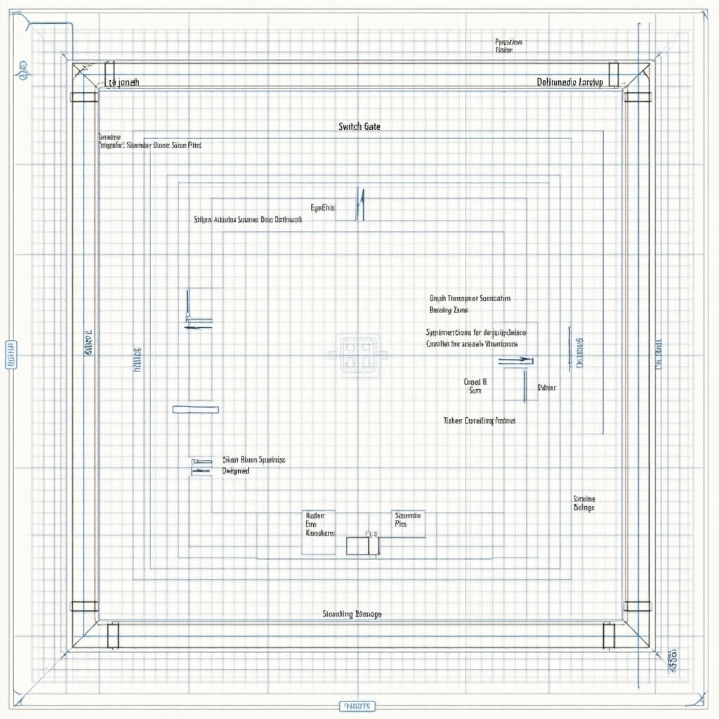 This image presents a detailed blueprint for designing a RoboRace track layout. The plan outlines the track boundaries, dimensions, and obstacle placements. Key features include starting zones, various obstacles like switch gates and seesaws, and elevation profiles. The design also emphasizes material usage for construction and includes penalty zones for robotics competitions. Additionally, there are markings for timing sections and a clear finish line. Overall, this blueprint serves as a comprehensive guide for builders and competitors.