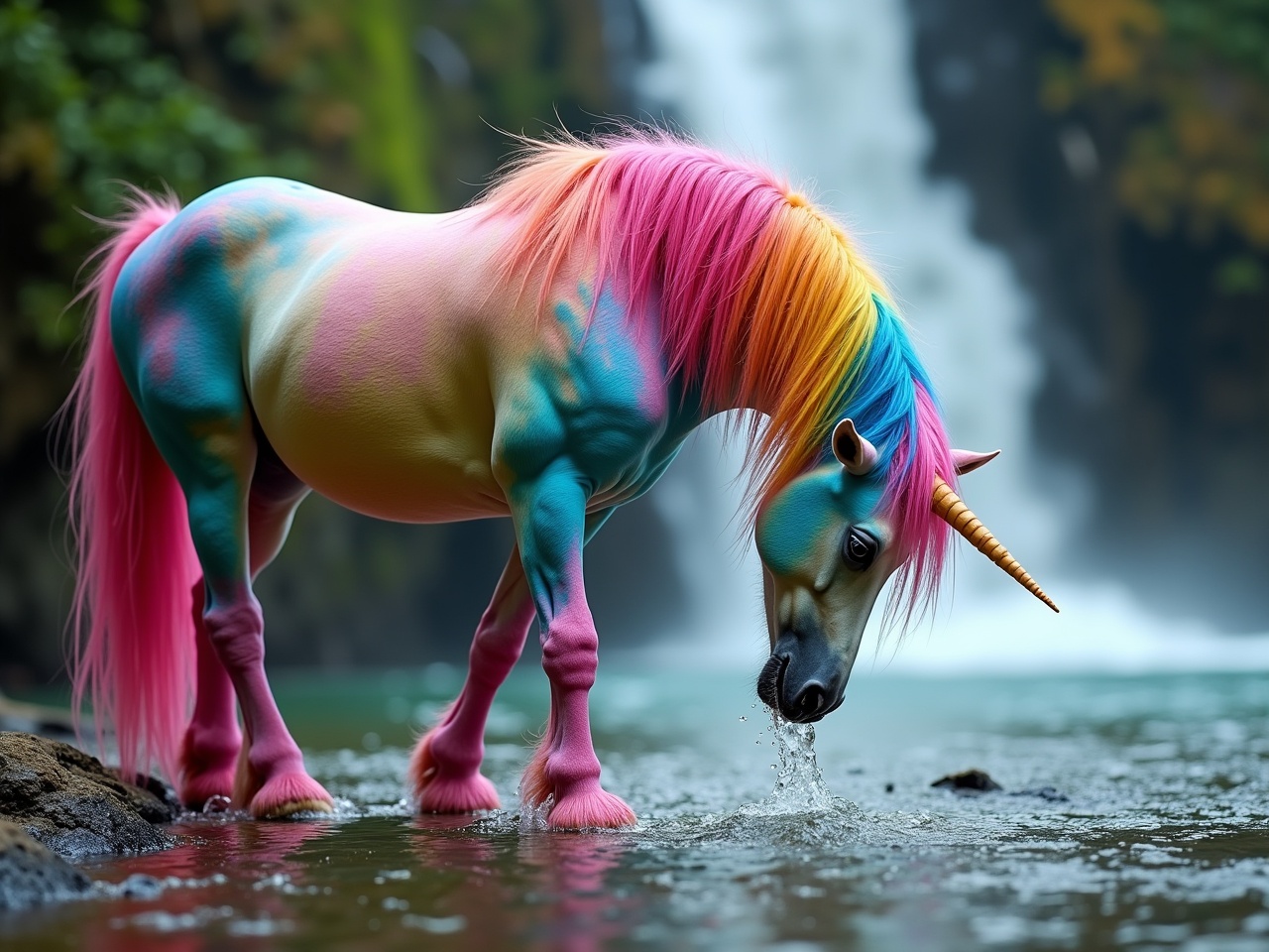 A brightly colored unicorn with a rainbow mane and a golden horn is drinking from a clear stream. The scene is set near a lush waterfall, creating a serene and magical environment. The unicorn's vibrant colors include pink, blue, and yellow, making it stand out against the greenery. The setting captures the essence of a fantasy world, inviting viewers into a realm of imagination. This enchanting image showcases the beauty of mythical creatures in nature.