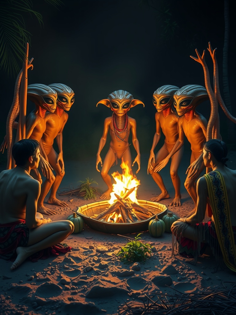 In a shadowy forest setting, a group of humanoid alien-like creatures gather around a warm, crackling campfire. Their elongated heads and shimmering skin reflect the firelight, creating an eerie yet captivating atmosphere. The scene blends the familiarity of a campfire gathering with the mysterious allure of extraterrestrial life, evoking feelings of curiosity and wonder.