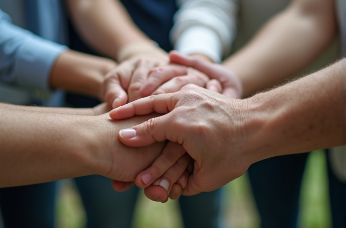 Multiple hands are stacked together in a show of unity and teamwork.