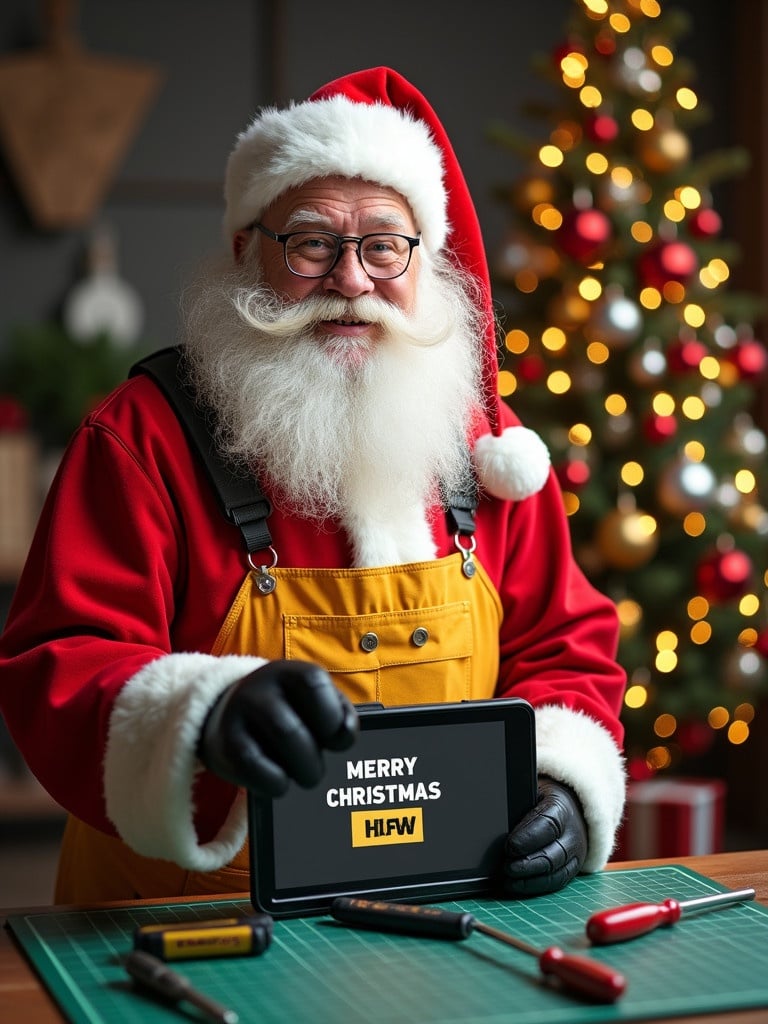 Santa Claus is a cheerful mobile repair technician. Santa wears yellow overalls and a Santa hat. Santa holds a tablet showing Merry Christmas from MOTO ONE. Tools like screwdrivers are around him on a repair mat. Background has a decorated Christmas tree with lights and ornaments. The scene is warm and welcoming promoting mobile repair services during the holiday season.