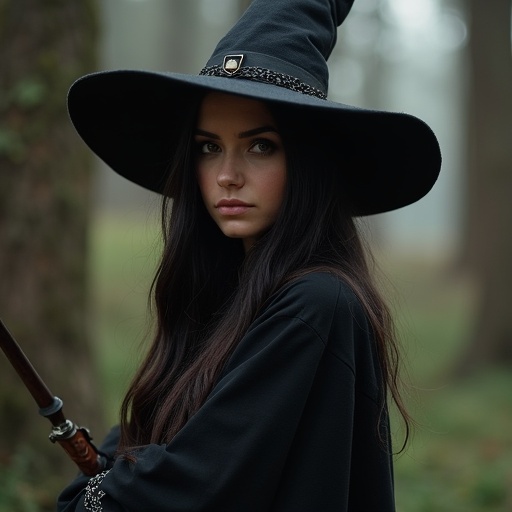 A woman dressed in black with a large witch's hat. She stands in a forest at a fantasy fighting school for magic. Her expression is focused, holding a staff.