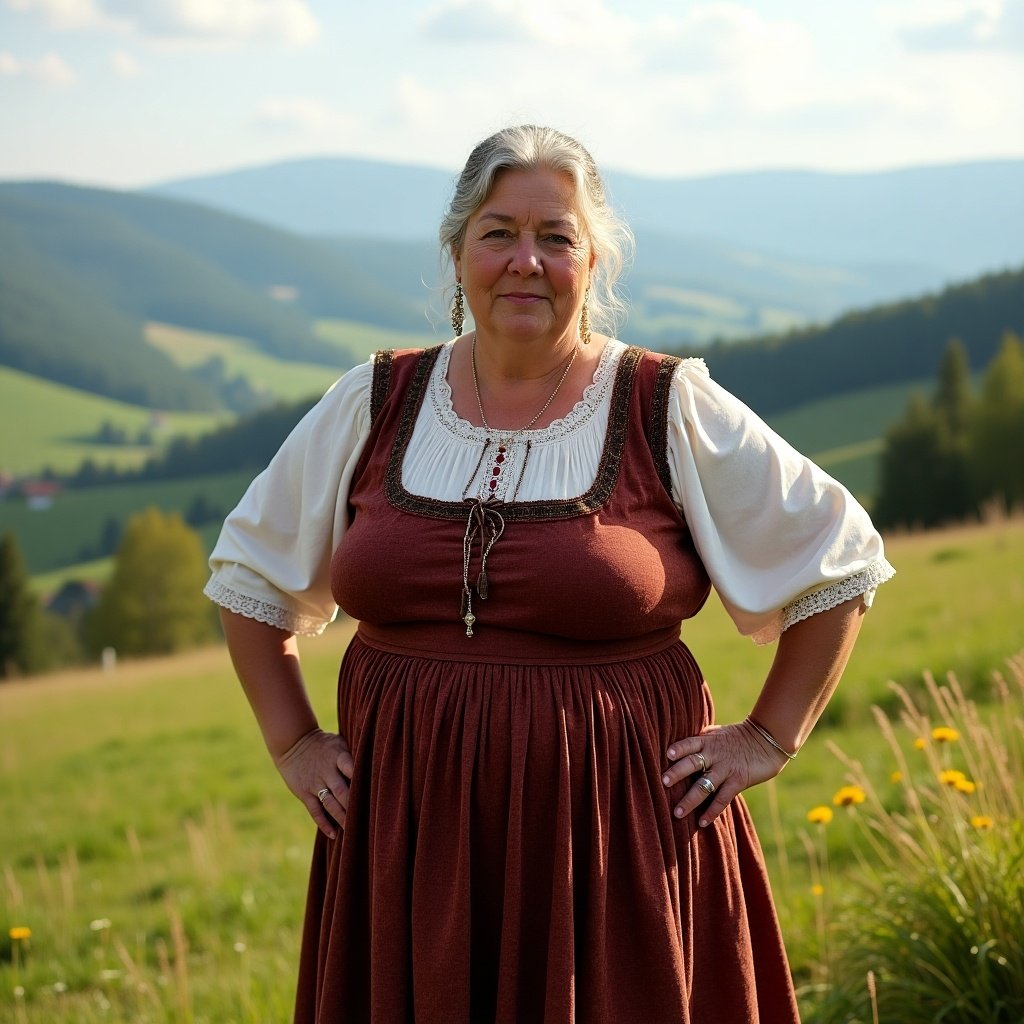 A mature Balkan lady stands in a scenic rural landscape. She wears traditional attire with a focus on her wide hips and thick thighs. The background features rolling hills and a clear sky.