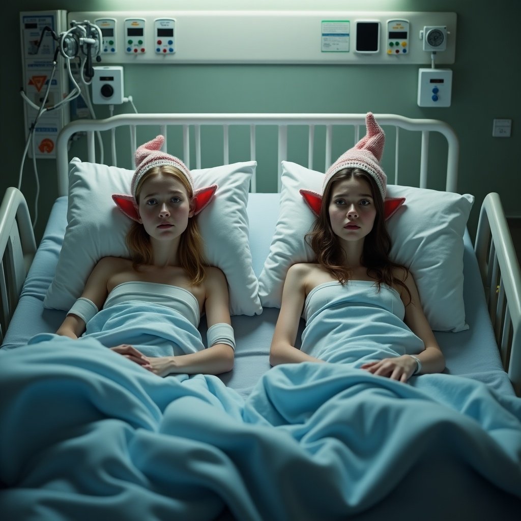 Two elf on the shelf figures lying in hospital beds with blankets.