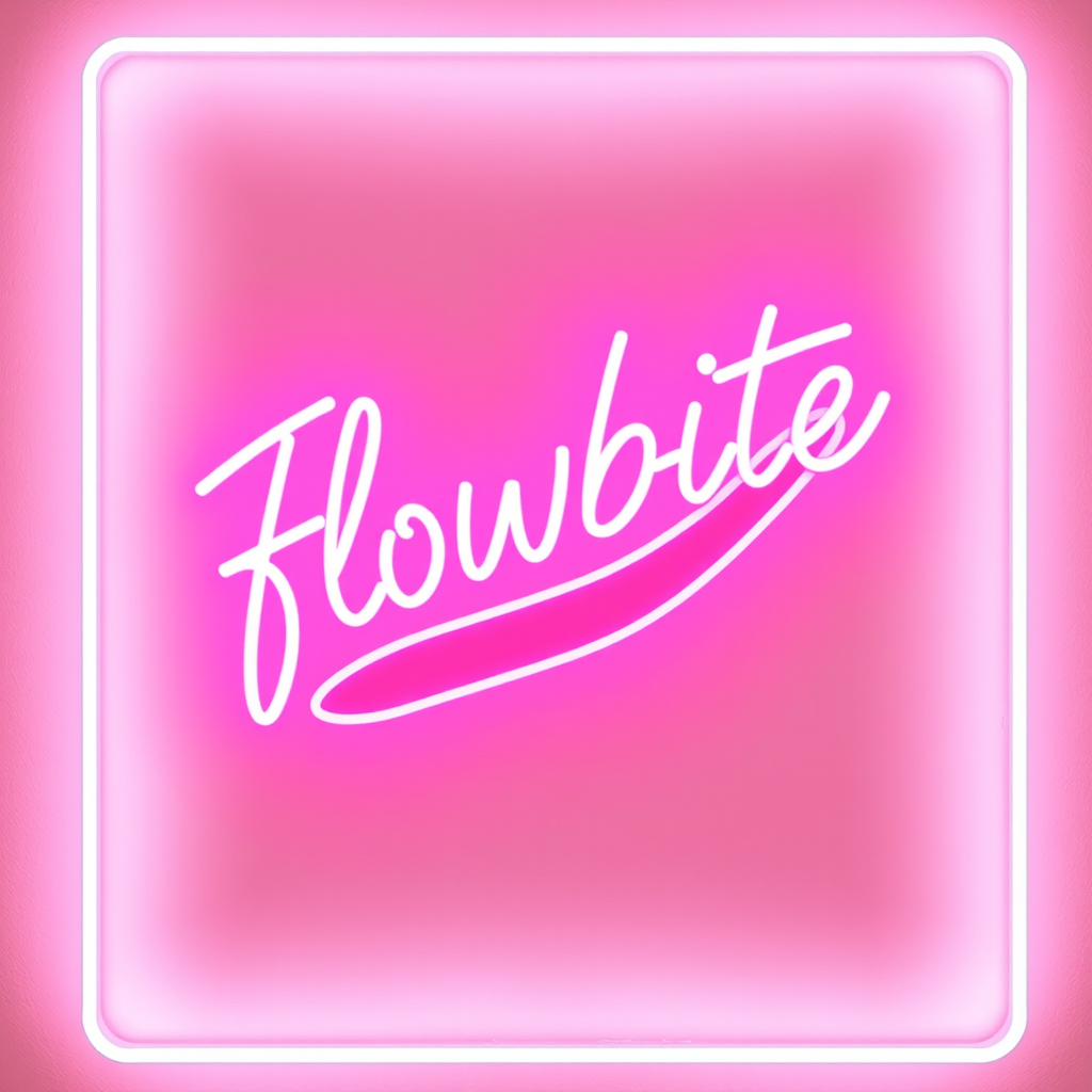 A neon sign with the word 'Flowbite' in white against a pink glowing background.