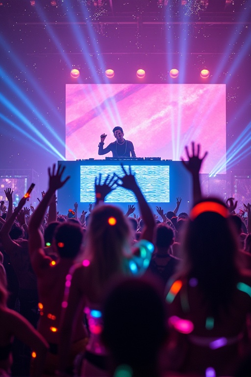 Dynamic festival scene with DJ performing. High-tech neon stage setup seen. Energetic crowd dancing passionately in colorful rave costumes. Glowing face paint and LED accessories worn by attendees. Electric atmosphere filled with vibrant light effects creating abstract patterns. Galactic backdrop showcases swirling colors with shooting stars. Entire scene reflects excitement of modern rave events.