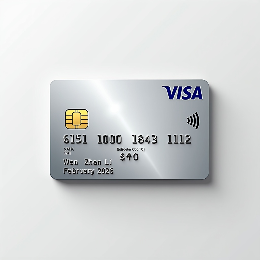 Realistic image of a credit card displaying distinct details. Card features a Visa logo. Number 6161 1000 1843 1112 is visible. Cardholder name Wen Zhen Li is aligned. Expiry date February 2026 noted at the bottom. Clean appearance with a silver background and bold black font.