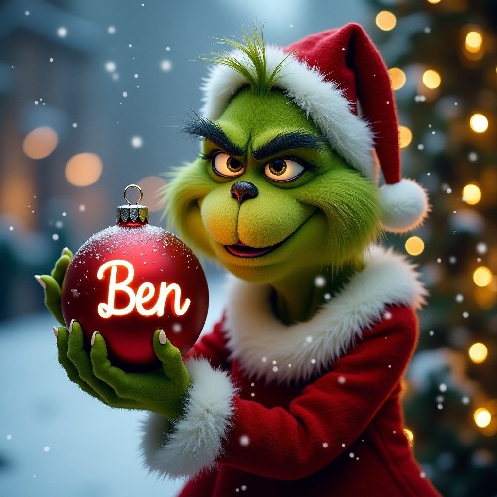 Grinch character holding a Christmas bauble with name Ben. Snowy background decorated with Christmas lights.