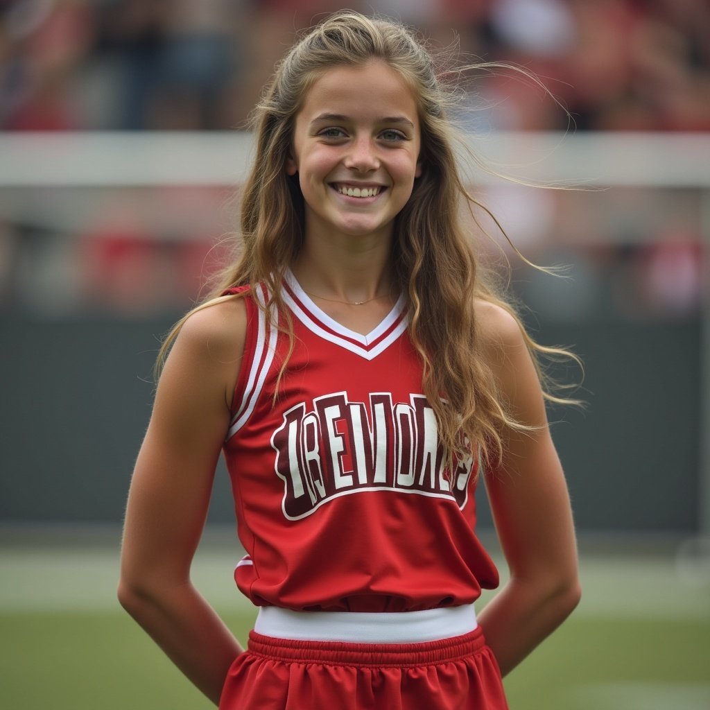 Cheerleader with handcuffed hands behind her back. Cheerleader shows a happy expression. Cheerleader wears a red outfit with white details. Cheerleader is in an outdoor setting.