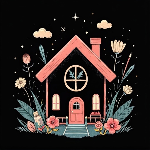 Illustration features a home icon against a black background. Beauty tools float around the home. Colors used are #6B3573 and #F0A07C. Flowers and leaves are included. Hand-drawn style is utilized.