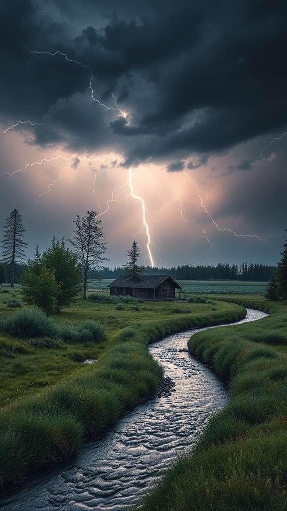 A dramatic scene of a lightning strike illuminating a stormy sky over a lush meadow and winding stream.