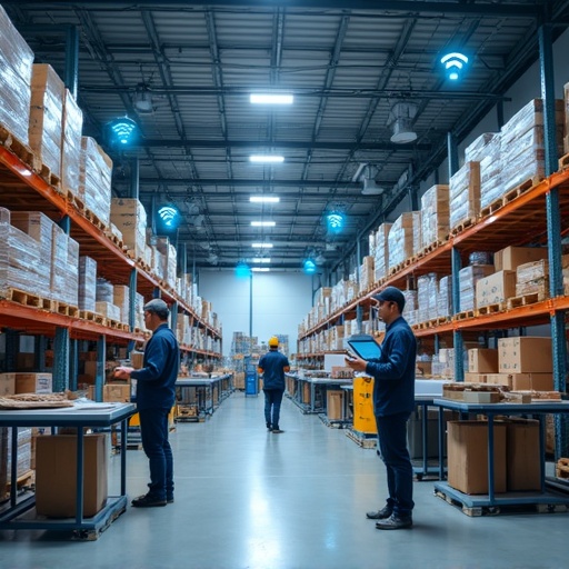 Warehouse interior with wireless connectivity. Three workers checking inventory. Shelves filled with boxes. Bright lights overhead. Workers using tablets and smartphones for data access.