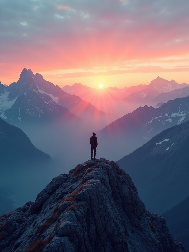 A person stands on a rocky peak watching the sunset over distant mountains.