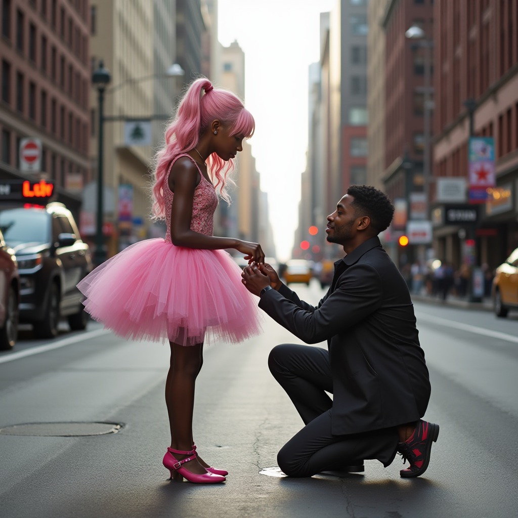 A man kneels and holds hands with a woman in a pink tutu dress, set in a bustling city street.