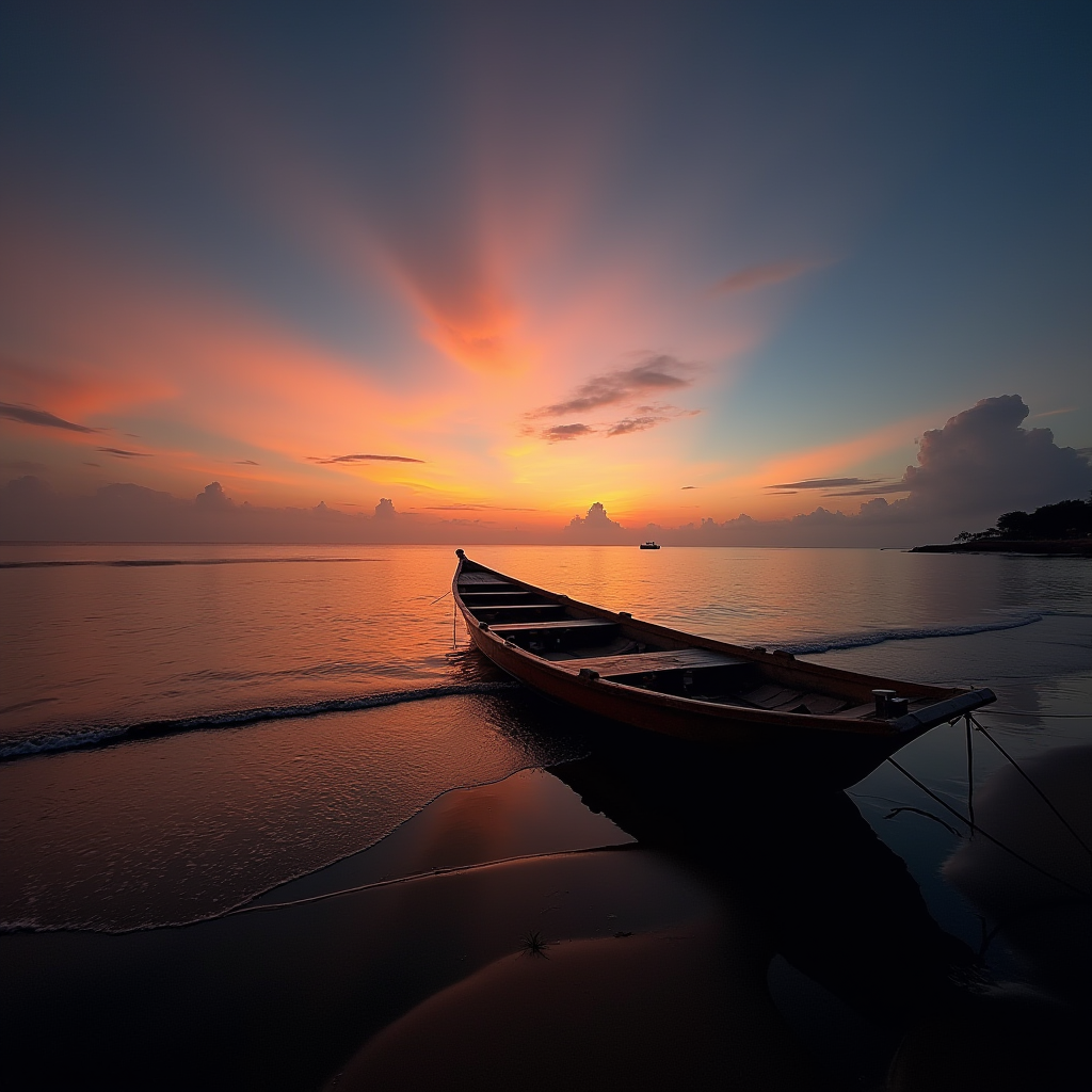 A solitary wooden boat rests on the tranquil shoreline at dawn, with a vibrant sky painted in hues of orange, pink, and blue reflected on the calm water.