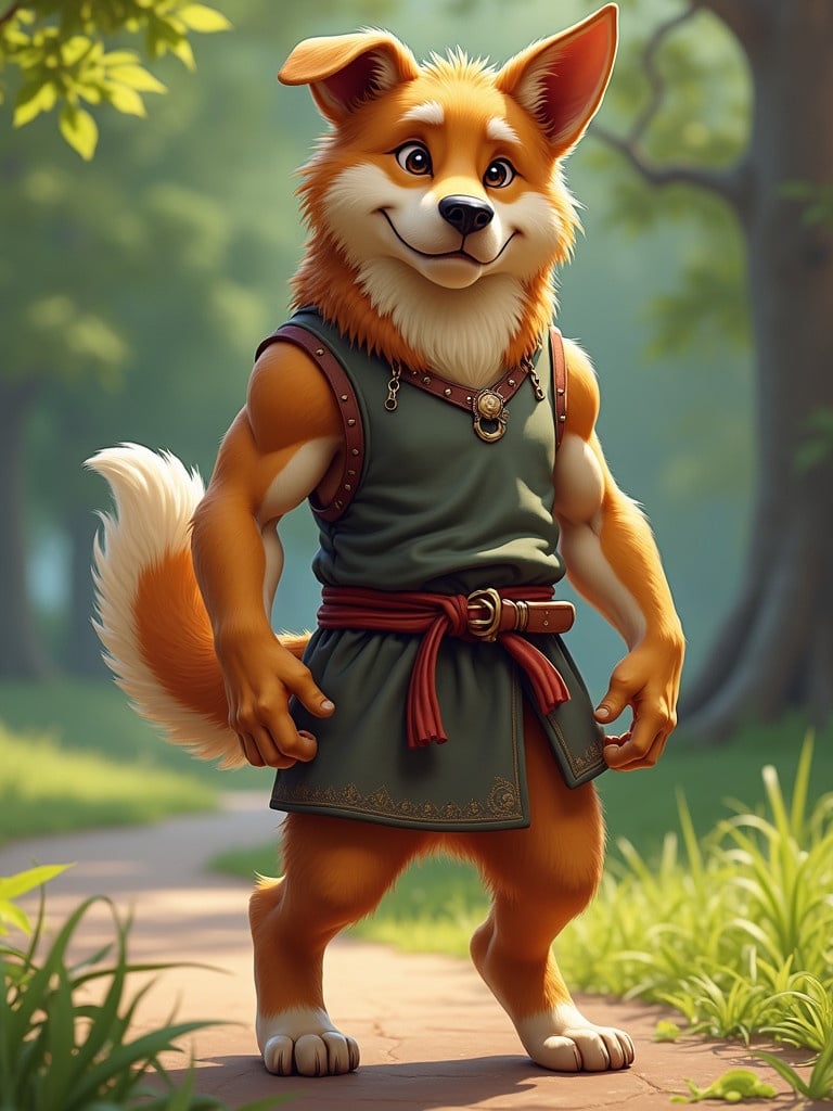 A humanoid dog with a muscular build. The character has ears and a wagging tail. It's wearing a simple tunic. The background is a vibrant park with nature elements. The character blends human intelligence with friendly dog traits.