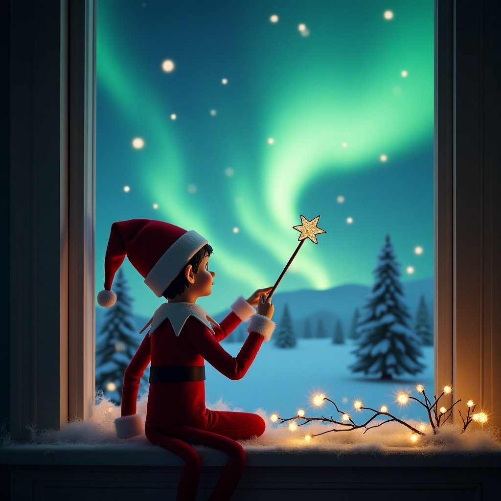 An elf character facing the sky. Holding a wand and writing names in the air. Background features northern lights and a snowy Christmas landscape. Soft lighting adds magic to the scene.