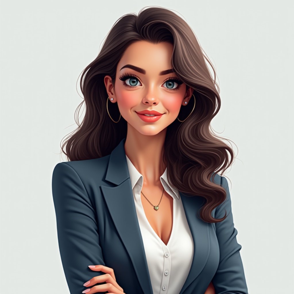 Create an avatar of a professional and visually attractive woman in her 20s. Appearance conveys confidence, elegance, and innovation. She has straight dark brown hair, light-colored eyes, and lightly tanned skin. Wears a modern neutral blazer combined with a white blouse, projecting professionalism. Facial expression is friendly yet serious, showing focus and leadership. Background is clean and minimalist.