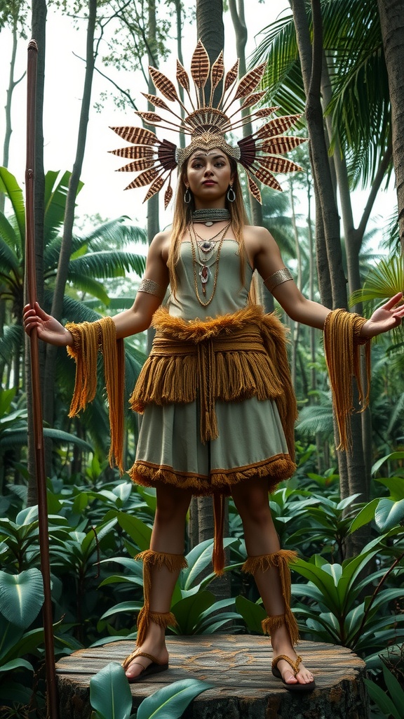 A woman stands confidently on a tree stump in a dense jungle setting. She is adorned with an intricate headdress made of feathers and wears a dress with fringe detailing. Her posture is commanding, conveying strength and harmony with the natural surroundings as she holds a staff.