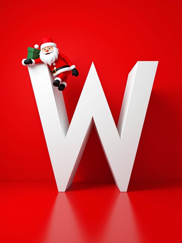 Red background with large white letter W. Santa Claus leans against letter W holding a gift. Cheerful and festive scene.