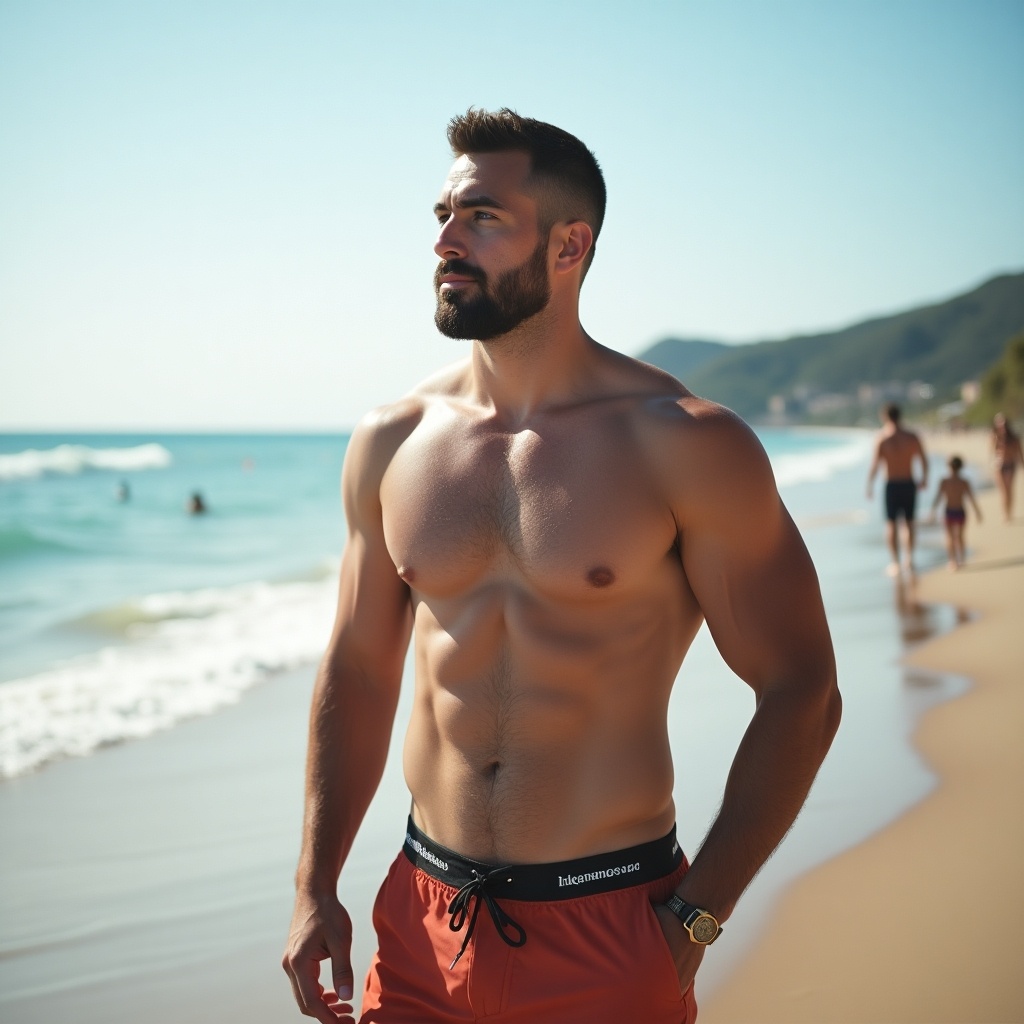 A muscular man is walking along a beautiful beach on a sunny day. He has a well-defined physique and is wearing stylish swim shorts. The ocean waves gently lap at the shore, and the sunlight reflects off the water. In the background, people are enjoying their time at the beach. The scene evokes a sense of relaxation and enjoyment of summer.