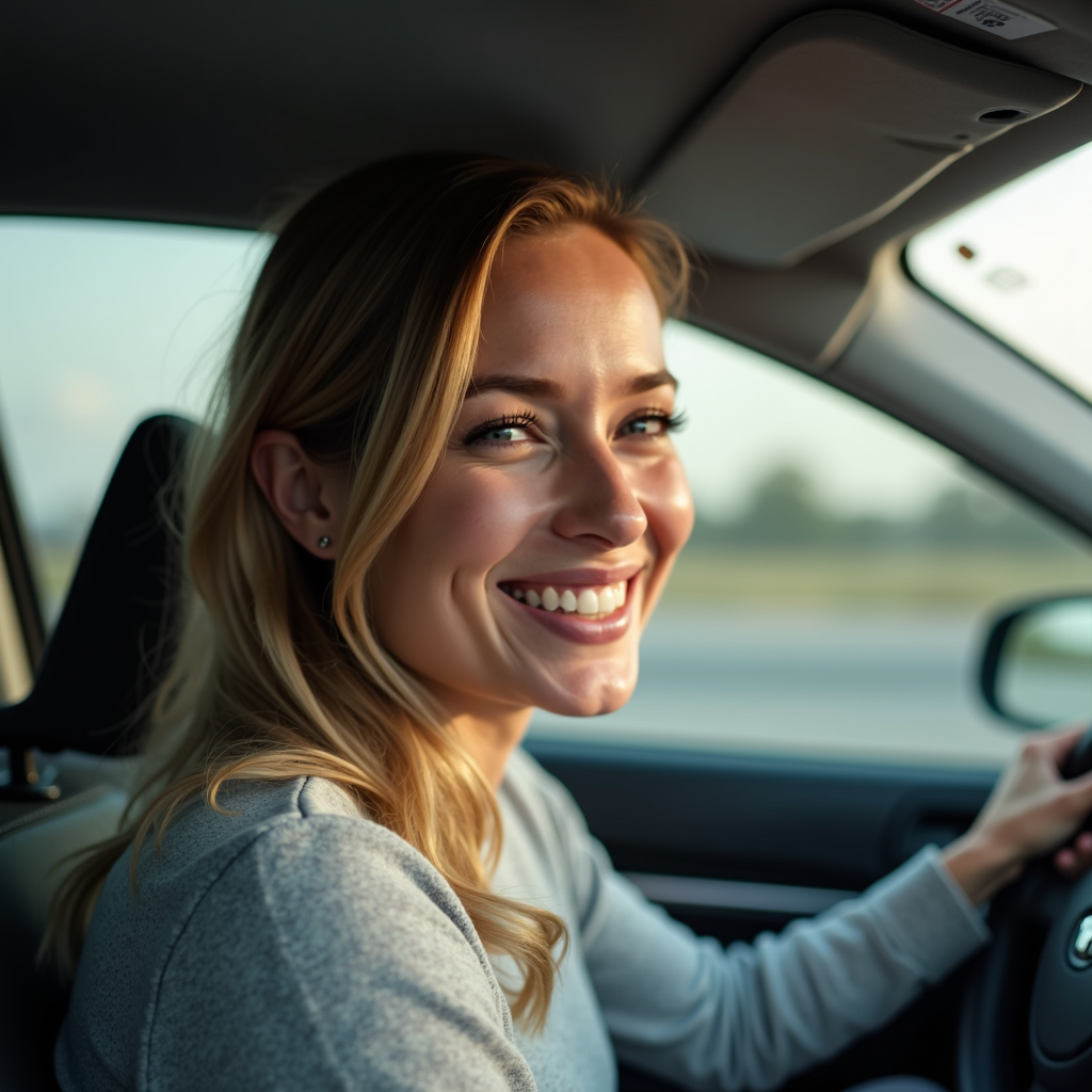 A smiling woman with blonde hair is sitting in the driver's seat of a car, exuding happiness and confidence.