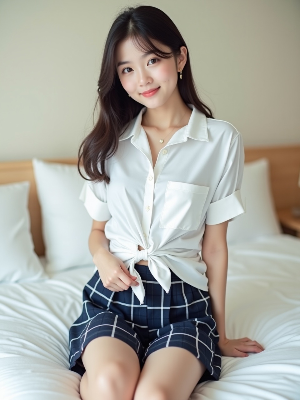 A young woman sitting on a bed, smiling warmly, wearing a knotted white shirt and checkered shorts, with soft natural lighting.