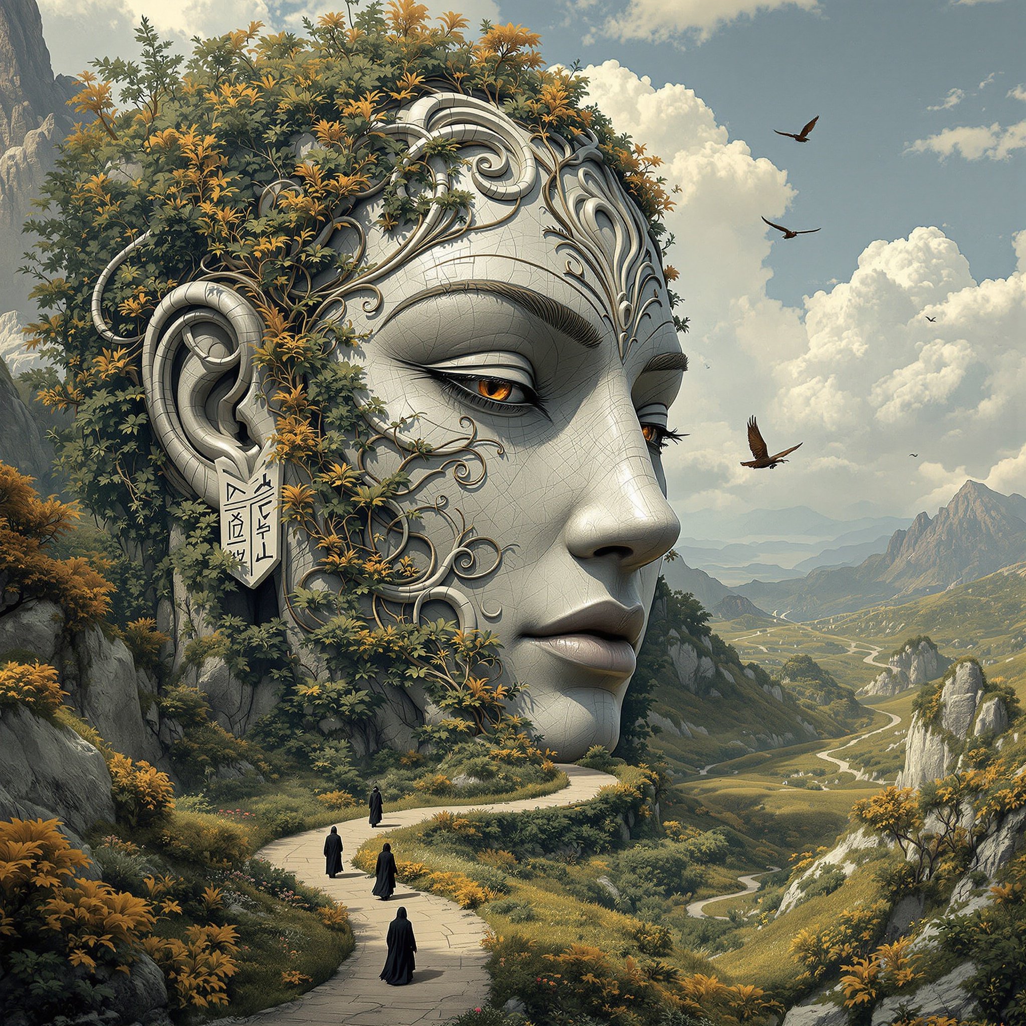 Surreal landscape featuring a colossal ornate face carved from petrified earth. Face is overgrown with vibrant flora and fauna. The design is organic with intricate patterns like twisted vines. Towering above a valley with rolling hills. Trees encircle dense bioluminescent forest. Colors are predominantly muted greens and ochres creating an impressionistic effect. Dark robed figures wander paths through the landscape. Birds of prey soar across a cloudy sky adding sense of scale and depth.