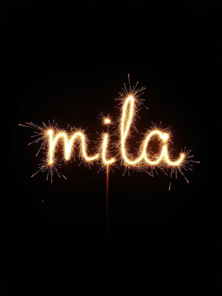 Text written in sparkler style spells out 'mila'. The letters glow with sparkling energy. Black background enhances the golden color. Energetic sparks around lettering create a festive atmosphere. Ideal for celebrations.