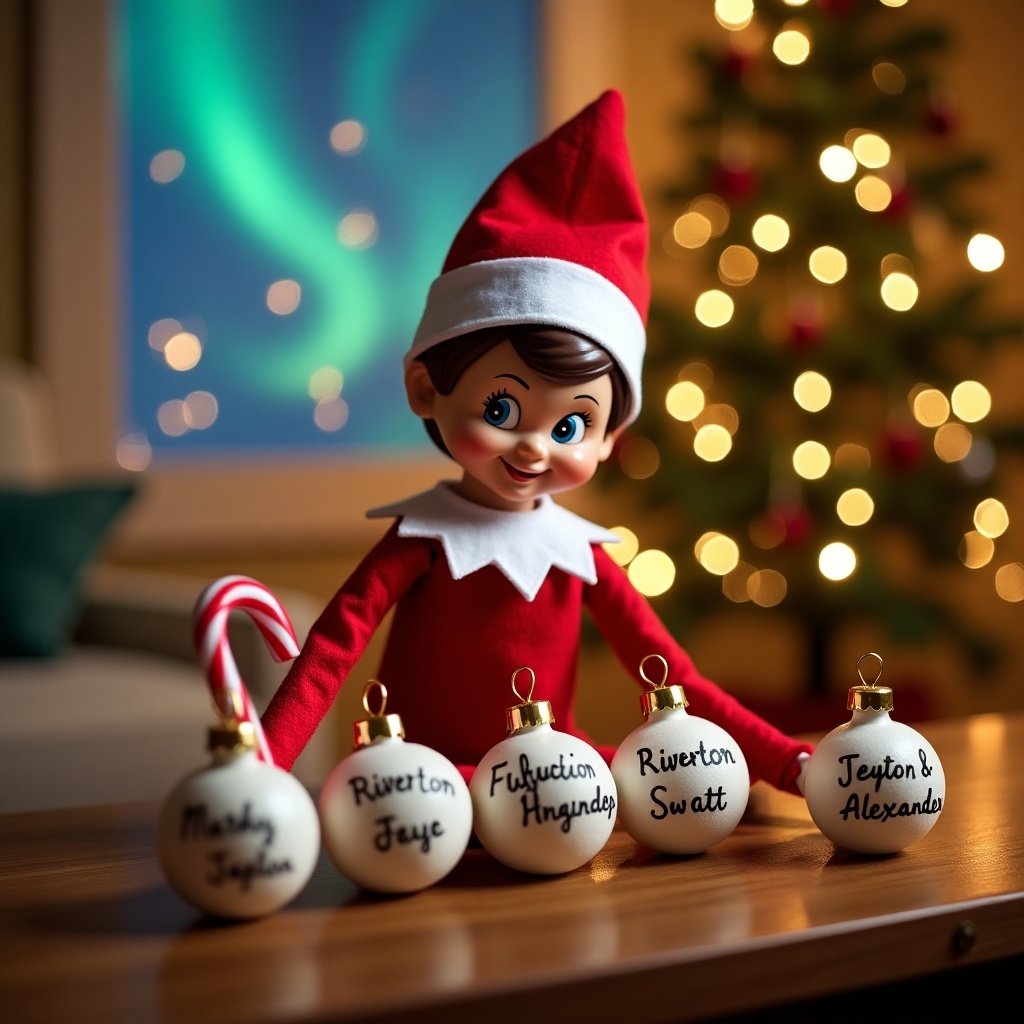 Christmas elf on the shelf in red attire with hat. Elf writing names on baubles. Elf has playful expression. Sitting at wooden table with holiday decorations. Background has softly lit Christmas tree with lights. Northern lights in the sky. Elf holds red and white candy cane. Evokes holiday cheer and anticipation. Names include Riverton, Jayden, and Alexander.