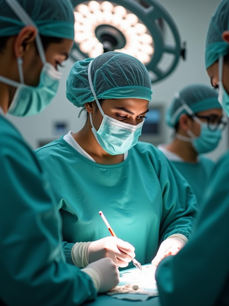 Indian female surgeons perform a delicate surgery in an operational theater. The operating team is focused on their task. The scene showcases a collaborative medical environment.