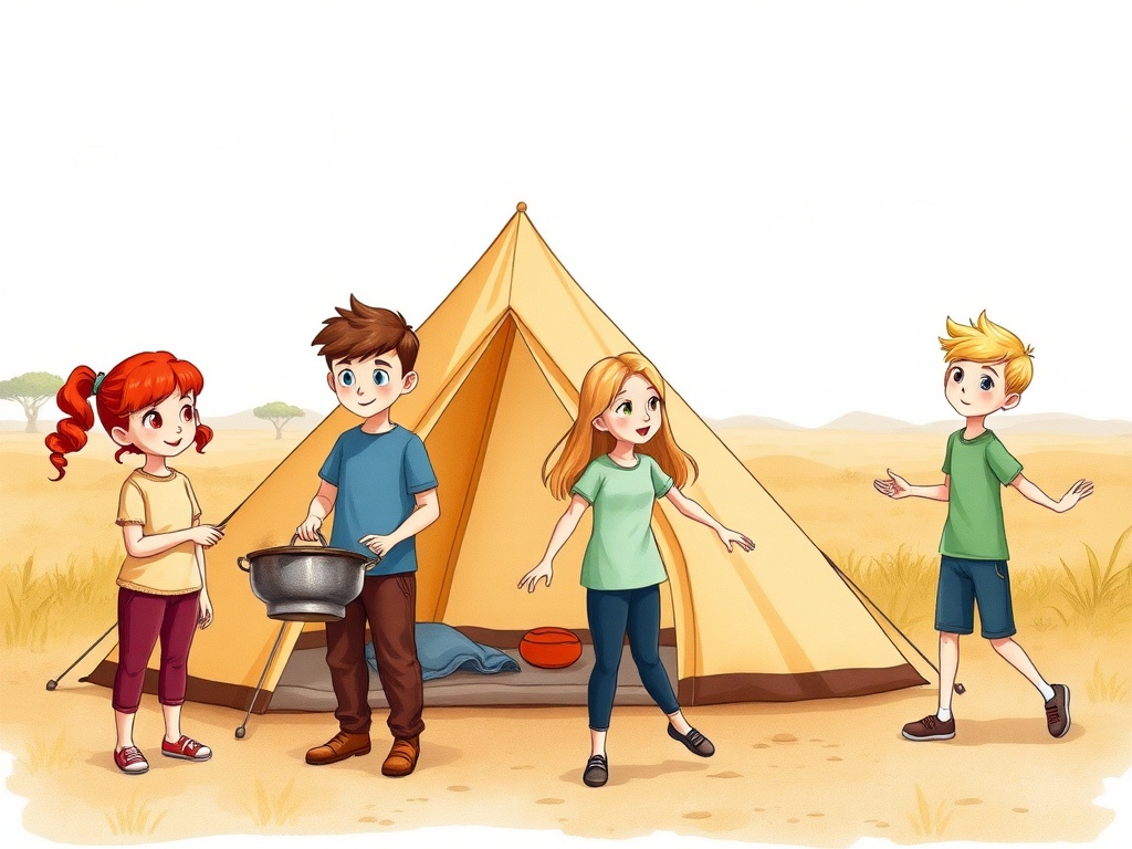 A group of four animated children are gathered outside a simple tent positioned in a sunlit, open field. The scene reflects a sense of camaraderie and adventure as one child holds a pot, suggesting they are preparing for camping activities. The vibrant colors and expressive faces convey a cheerful and playful atmosphere.